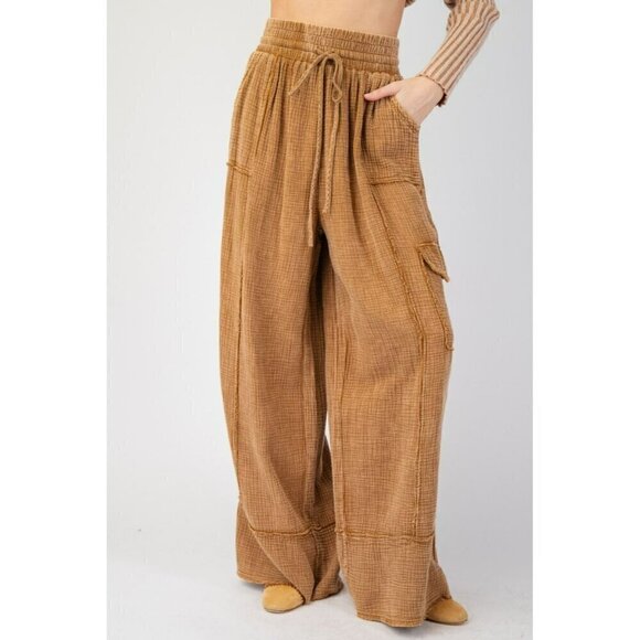 easel Pants - Roxie Cotton Gauze Mineral Washed Wide Leg Pants in Camel